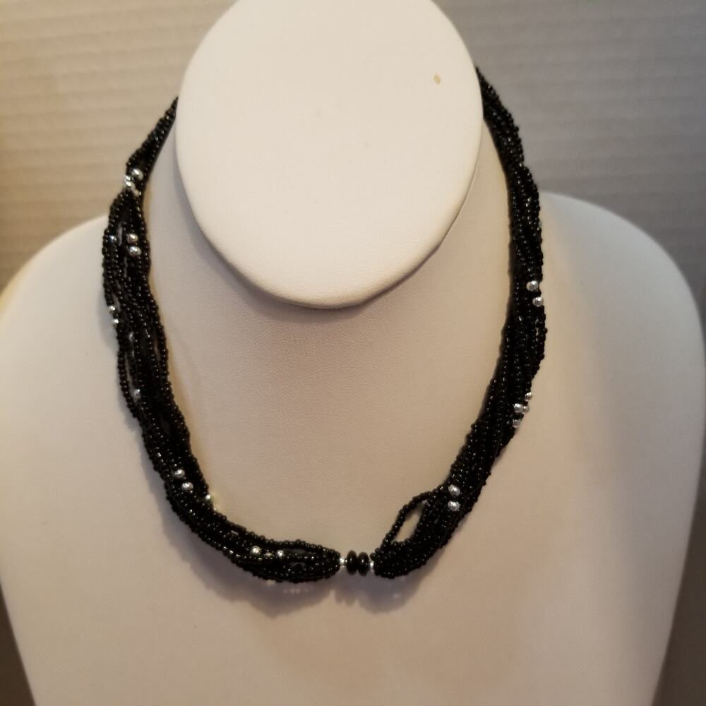 Black twisted multi strand seed with silver tone beads 15 inch with 3" extension